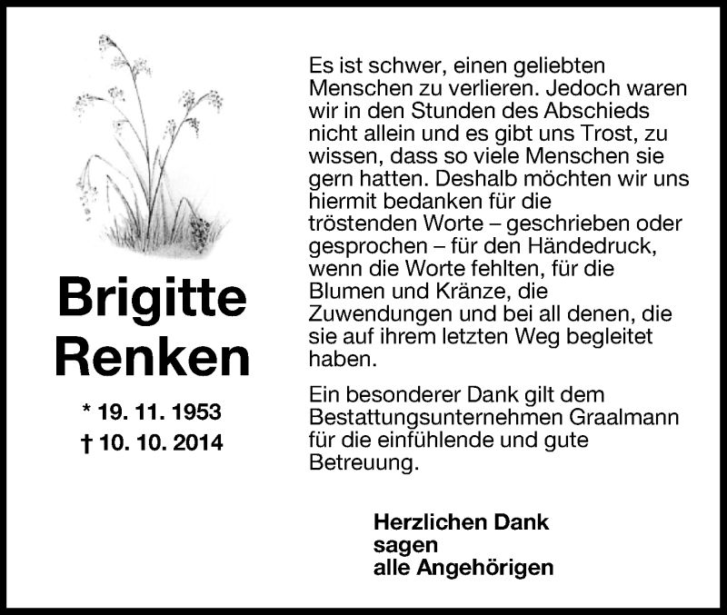  Traueranzeige für Brigitte Renken vom 01.11.2014 aus Wilhelmshavener Zeitung