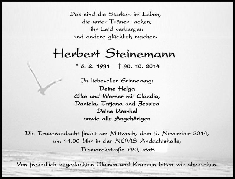  Traueranzeige für Herbert Steinemann vom 01.11.2014 aus Wilhelmshavener Zeitung