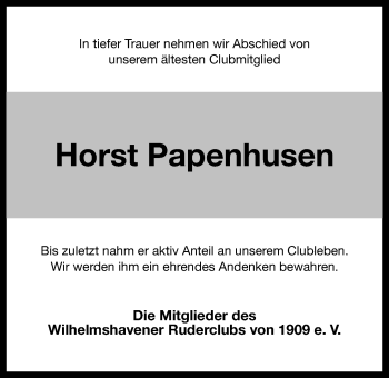 Traueranzeige von Horst Papenhusen von Wilhelmshavener Zeitung