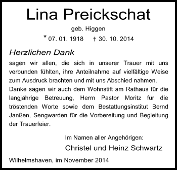 Traueranzeige von Lina Preickschat von Wilhelmshavener Zeitung