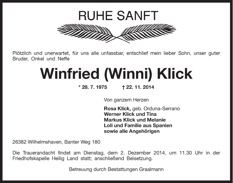  Traueranzeige für Winfried Klick vom 29.11.2014 aus Wilhelmshavener Zeitung