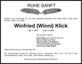 Traueranzeige von Winfried Klick von Wilhelmshavener Zeitung