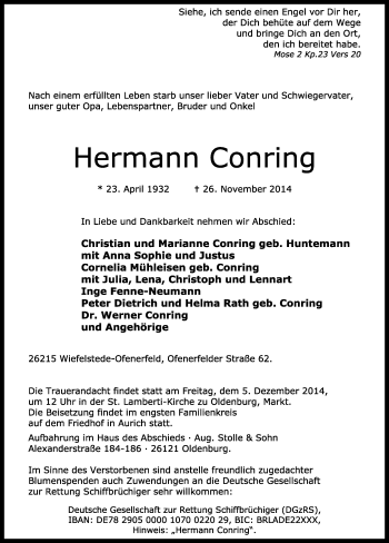 Traueranzeige von Hermann Conring von Wilhelmshavener Zeitung