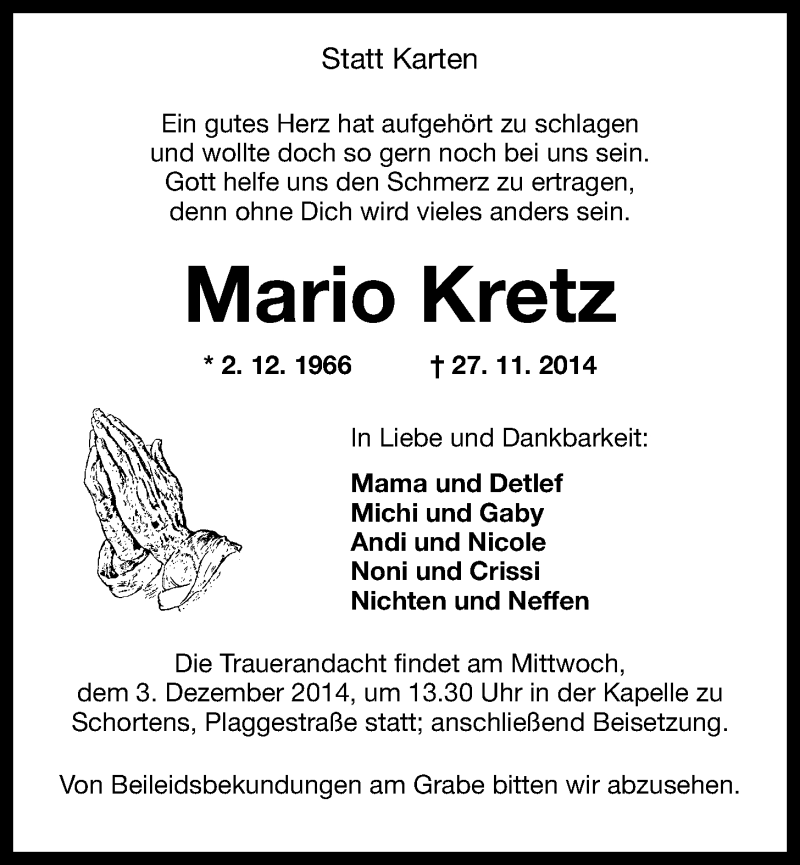  Traueranzeige für Mario Kretz vom 29.11.2014 aus Wilhelmshavener Zeitung