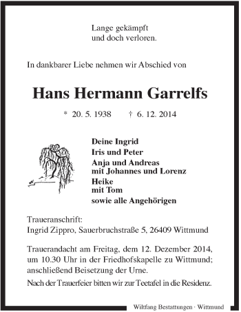 Traueranzeige von Hans Hermann Garrelfs von Rhein-Zeitung