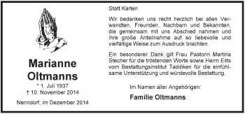 Traueranzeige von Marainne Oltmanns von Rhein-Zeitung