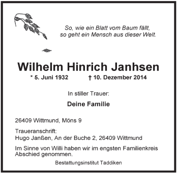 Traueranzeige von Wilhelm Hinrich Janhsen von Rhein-Zeitung
