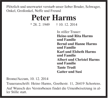 Traueranzeige von Peter Harms von Jeversches Wochenblatt