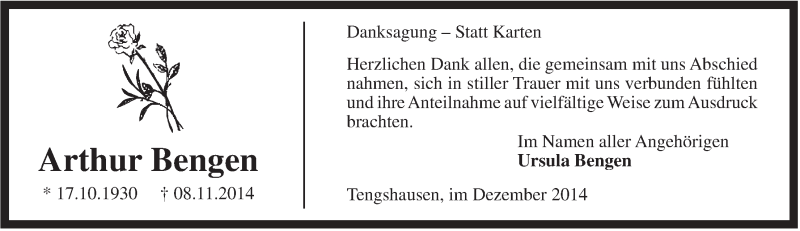  Traueranzeige für Arthur Bengen vom 20.12.2014 aus Jeversches Wochenblatt