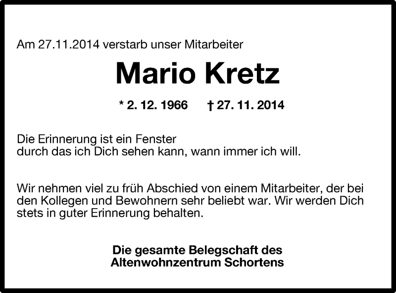  Traueranzeige für Mario Kretz vom 02.12.2014 aus Wilhelmshavener Zeitung