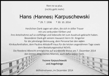 Traueranzeige von Hans Karpuschewski von Wilhelmshavener Zeitung