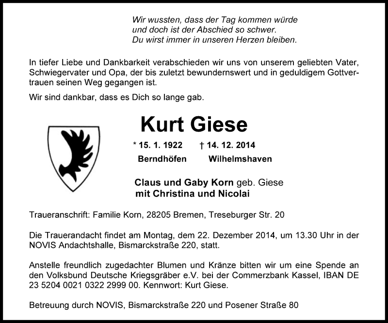 Traueranzeigen von Kurt Giese | nordwest-trauer.de