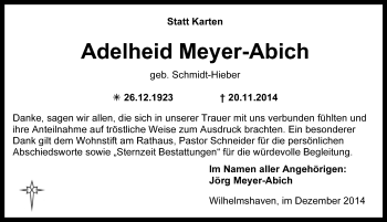 Traueranzeige von Adelheid Meyer-Abich von Wilhelmshavener Zeitung