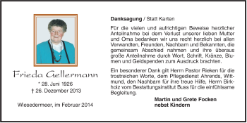 Traueranzeige von Frieda Gellermann von Rhein-Zeitung
