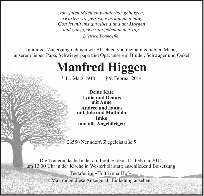  Traueranzeige für Manfred Higgen vom 11.02.2014 aus Rhein-Zeitung