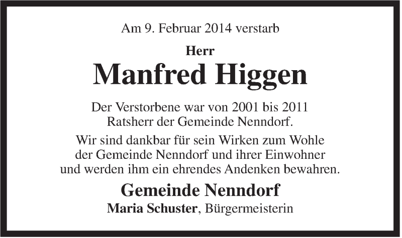  Traueranzeige für Manfred Higgen vom 12.02.2014 aus Rhein-Zeitung