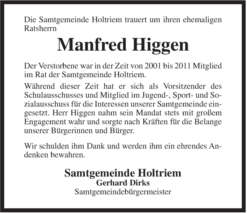  Traueranzeige für Manfred Higgen vom 12.02.2014 aus Rhein-Zeitung