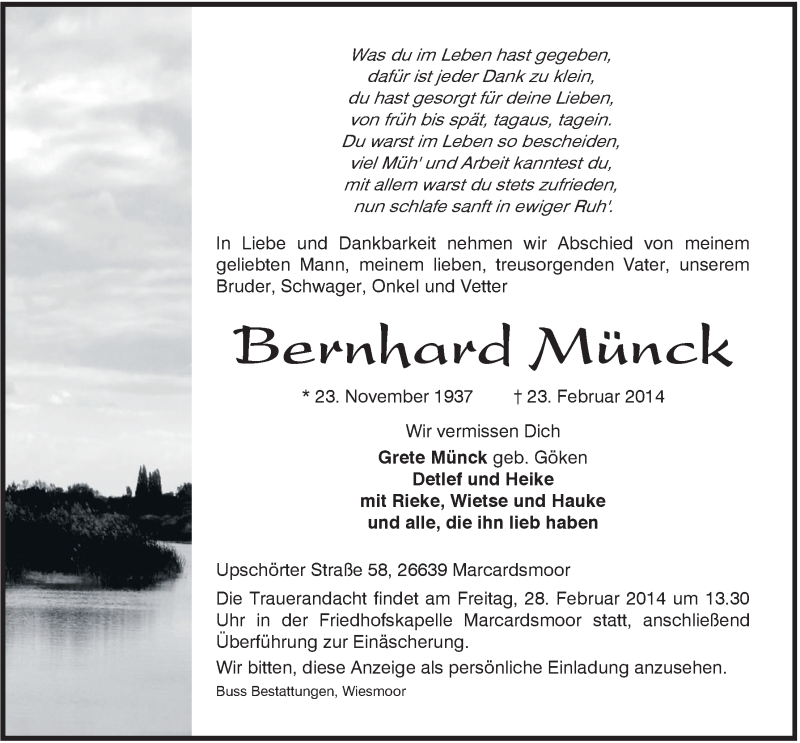  Traueranzeige für Berhard Münck vom 24.02.2014 aus Rhein-Zeitung