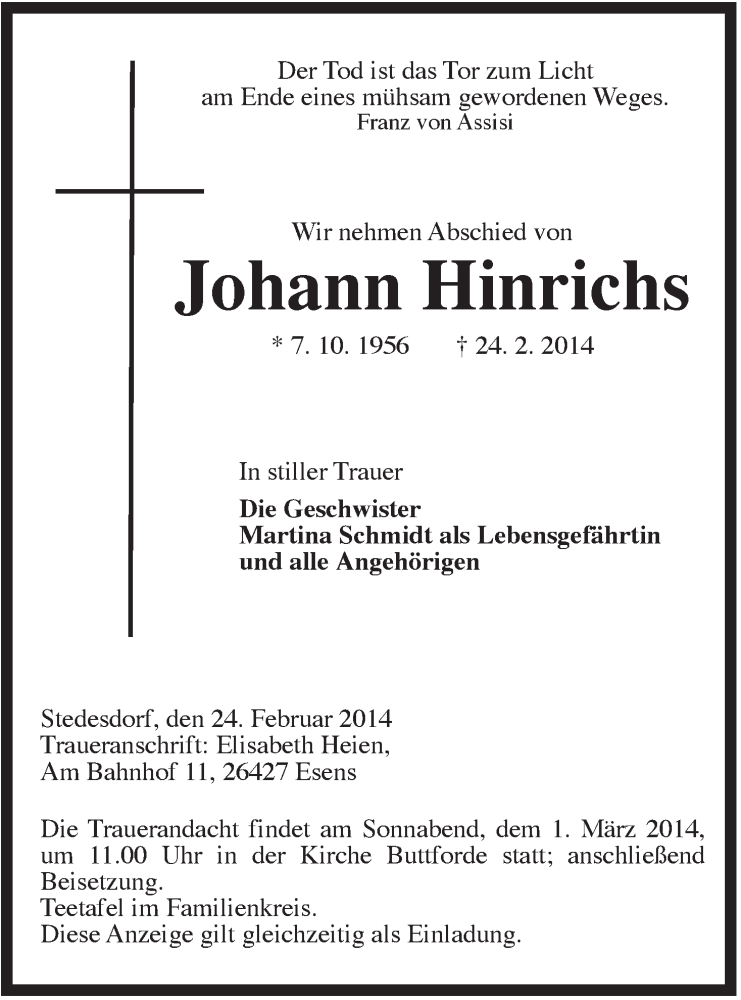  Traueranzeige für Johann Hinrichs vom 26.02.2014 aus Rhein-Zeitung