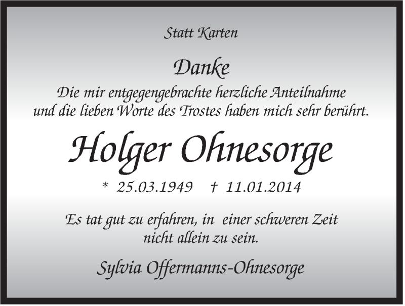  Traueranzeige für Holger Ohnesorge vom 08.02.2014 aus Jeversches Wochenblatt