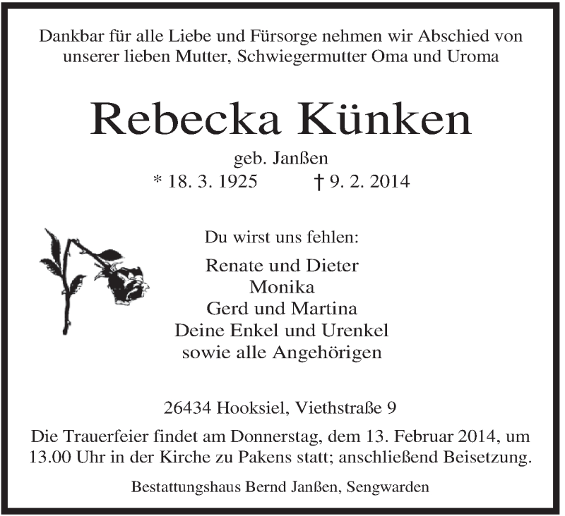  Traueranzeige für Rebecka Künken vom 11.02.2014 aus Jeversches Wochenblatt