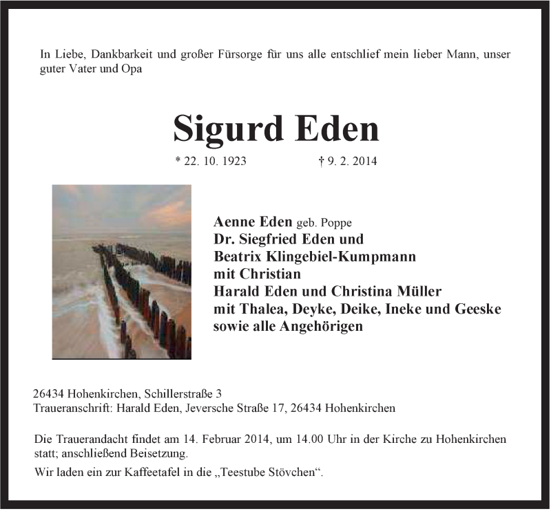  Traueranzeige für Sigurd Eden vom 11.02.2014 aus Jeversches Wochenblatt