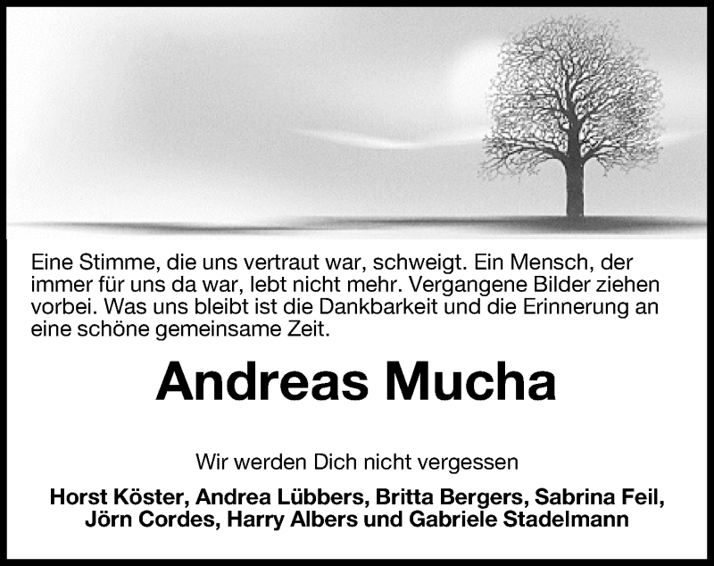  Traueranzeige für Andreas Mucha vom 01.02.2014 aus Wilhelmshavener Zeitung