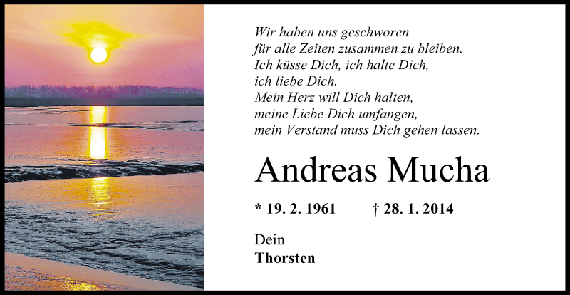  Traueranzeige für Andreas Mucha vom 01.02.2014 aus Wilhelmshavener Zeitung