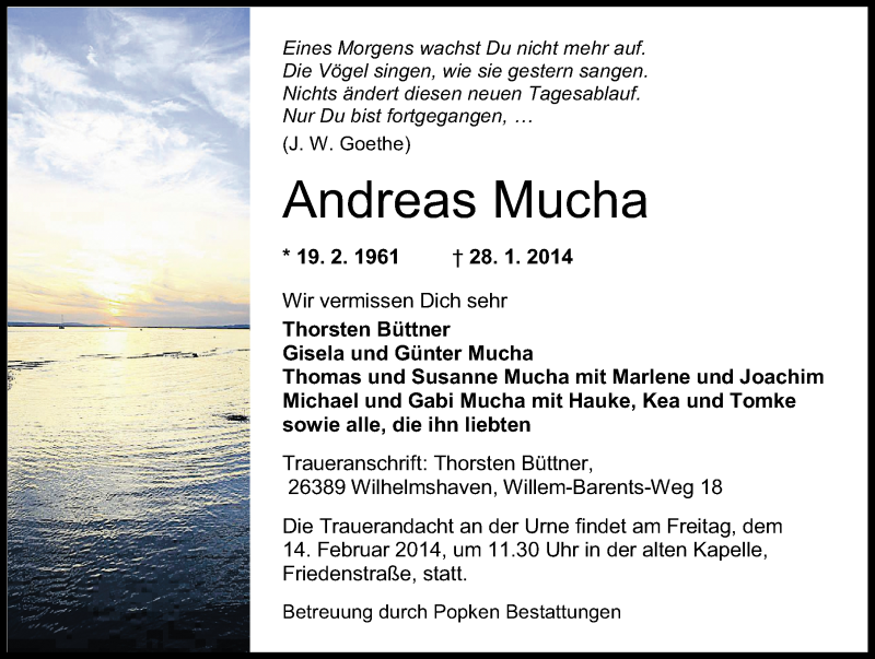  Traueranzeige für Andreas Mucha vom 01.02.2014 aus Wilhelmshavener Zeitung