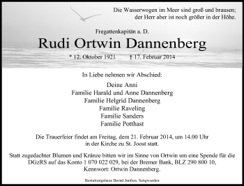 Traueranzeige von Rudi Ortwin Dannenberg von Wilhelmshavener Zeitung