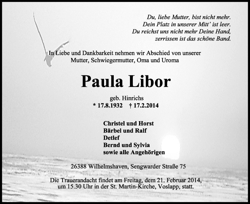  Traueranzeige für Paula Libor vom 19.02.2014 aus Wilhelmshavener Zeitung
