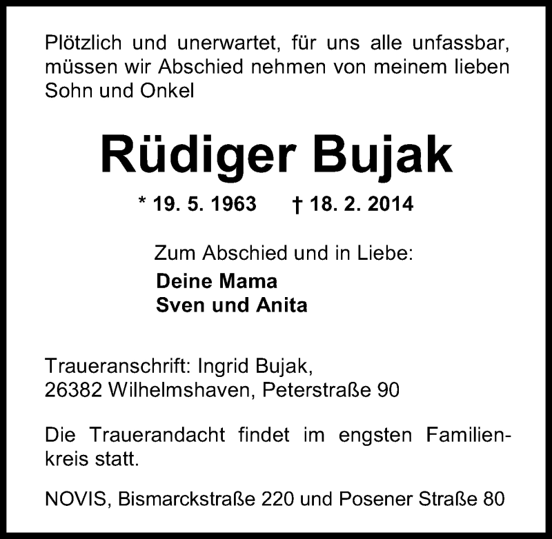  Traueranzeige für Rüdiger Bujak vom 22.02.2014 aus Wilhelmshavener Zeitung