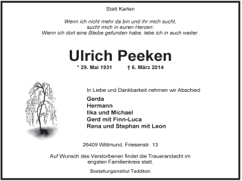 Traueranzeige von Ulrich Peeken von Rhein-Zeitung