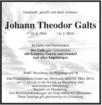 Traueranzeige von Johann Galts von Rhein-Zeitung