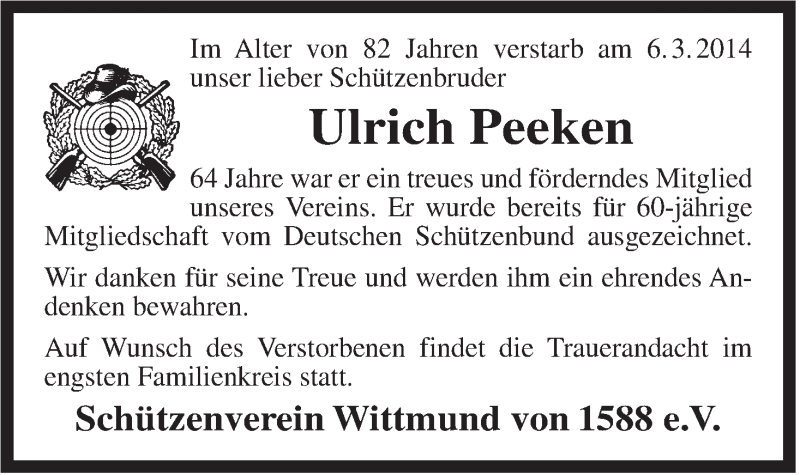  Traueranzeige für Ulrich Peeken vom 13.03.2014 aus Rhein-Zeitung