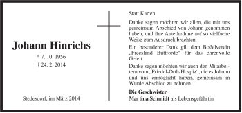 Traueranzeige von Johann Hinrichs von Rhein-Zeitung