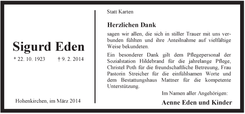  Traueranzeige für Sigurd Eden vom 08.03.2014 aus Jeversches Wochenblatt