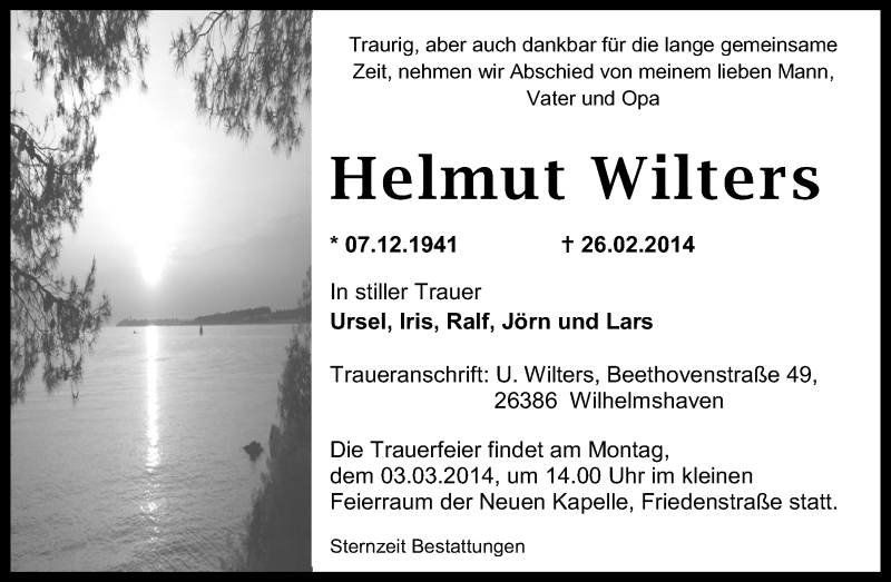  Traueranzeige für Bestattungen Wilters vom 01.03.2014 aus Wilhelmshavener Zeitung