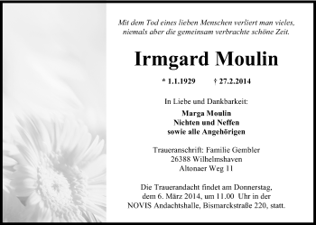 Traueranzeige von Irmgard Moulin von Wilhelmshavener Zeitung