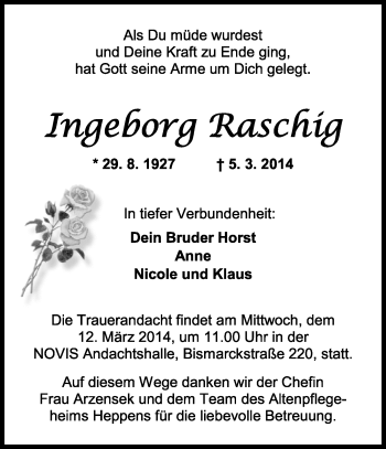 Traueranzeige von Ingeborg Raschig von Wilhelmshavener Zeitung