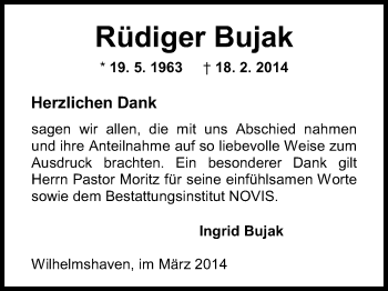 Traueranzeige von Rüdiger Bujak von Wilhelmshavener Zeitung