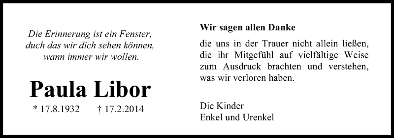  Traueranzeige für Paula Libor vom 15.03.2014 aus Wilhelmshavener Zeitung