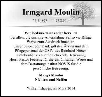 Traueranzeige von Irmgard Moulin von Wilhelmshavener Zeitung