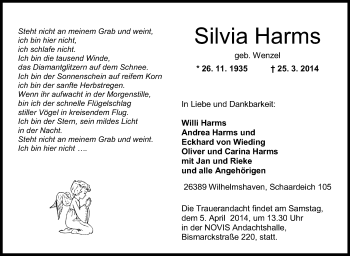 Traueranzeige von Silvia Harms von Wilhelmshavener Zeitung
