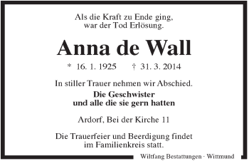 Traueranzeige von Anna de Wall von Rhein-Zeitung