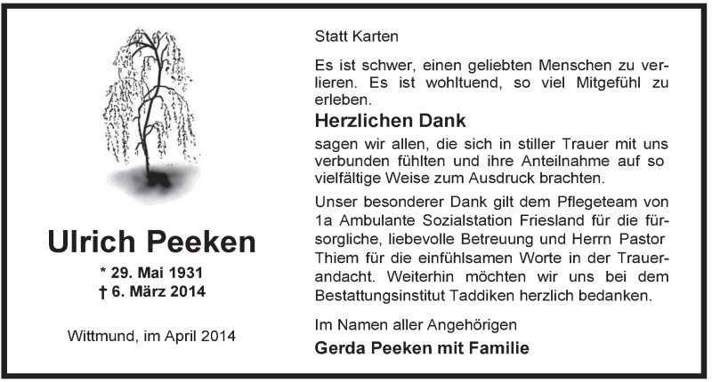  Traueranzeige für Ulrich Peeken vom 19.04.2014 aus Rhein-Zeitung