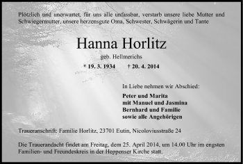 Traueranzeige von Hanna Horlitz von Wilhelmshavener Zeitung