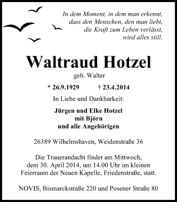 Traueranzeige von Waltraud Hotzel von Wilhelmshavener Zeitung