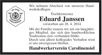 Traueranzeige von Eduard Janssen von Rhein-Zeitung