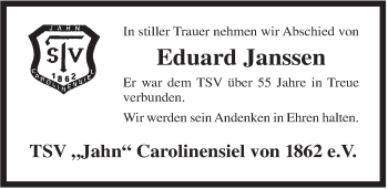 Traueranzeige von Eduard Janssen von Rhein-Zeitung
